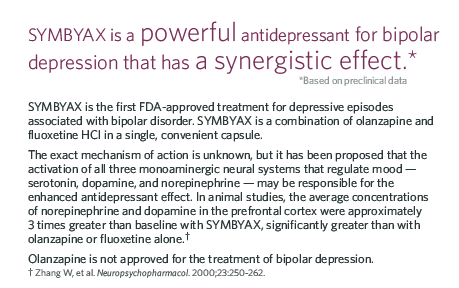 Symbyax is a powerful antidepressant for bipolar depression that has a synergestic effect - the exact mechanism of action is unknown www.havidol.com